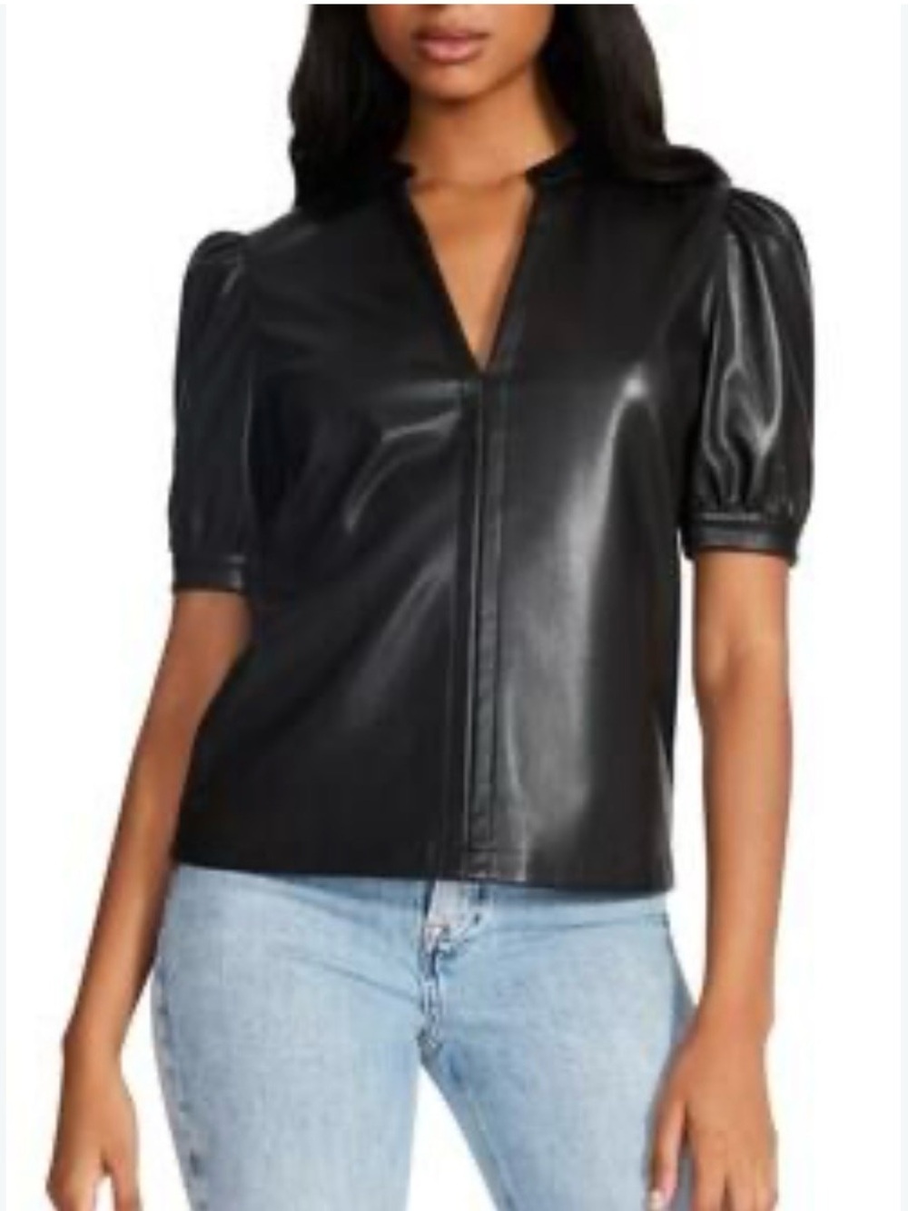 Steve Madden Black Faux Leather Puff Sleeve Top